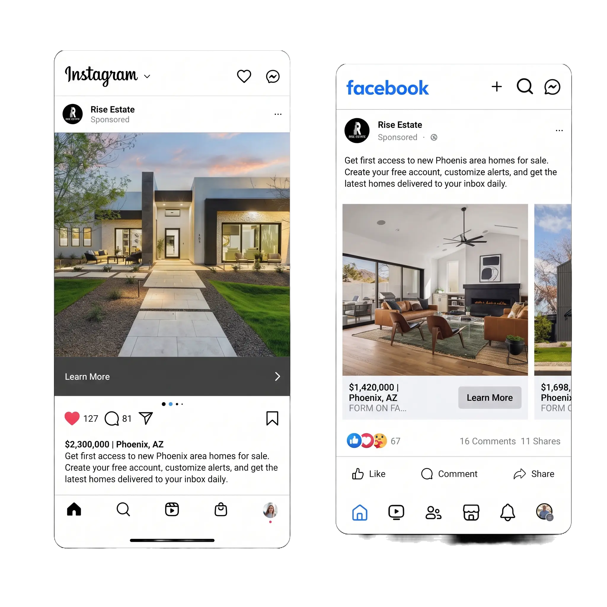 Rise Estate Facebook and Instagram Social Ad — Carousel MLS Feed
